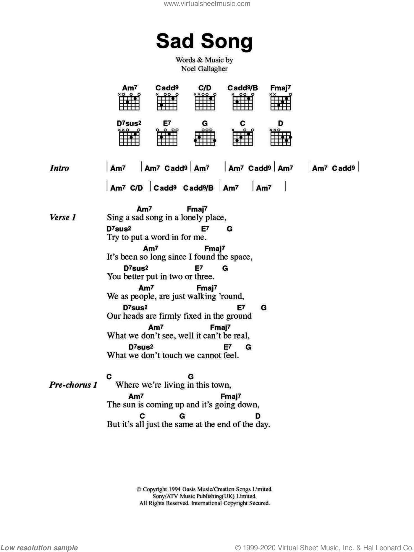 Oasis - Sad Song sheet music for guitar (chords) [PDF]