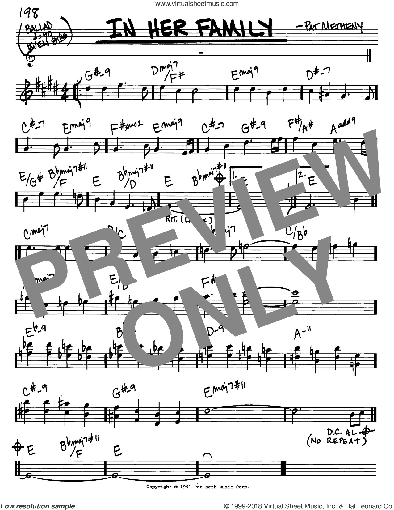 Metheny - In Her Family sheet music (real book - melody and chords) (in C)