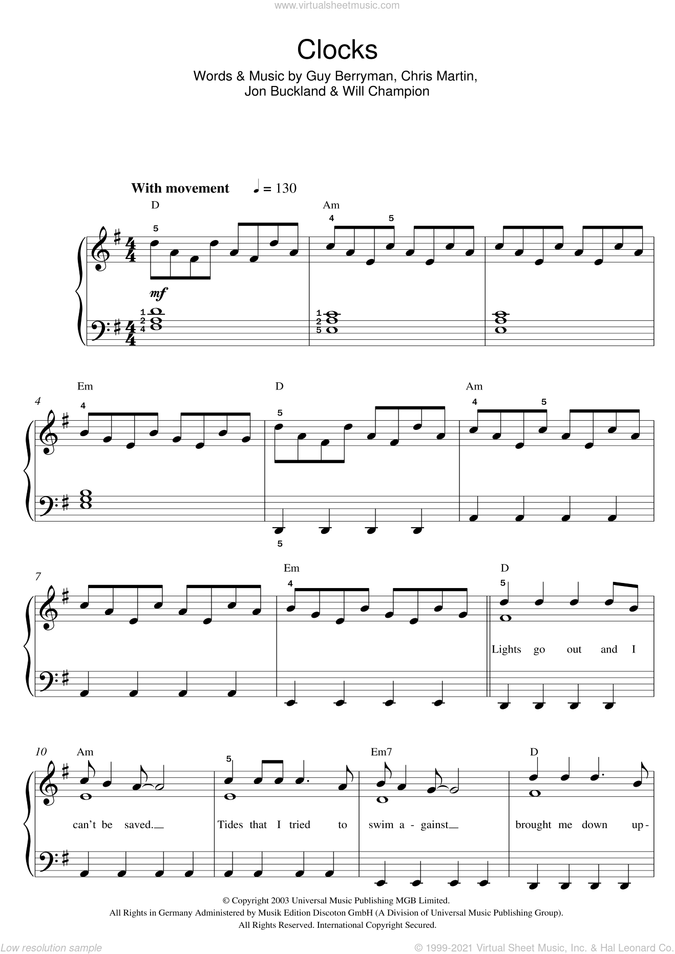 Coldplay - Clocks sheet music for piano solo (beginners)