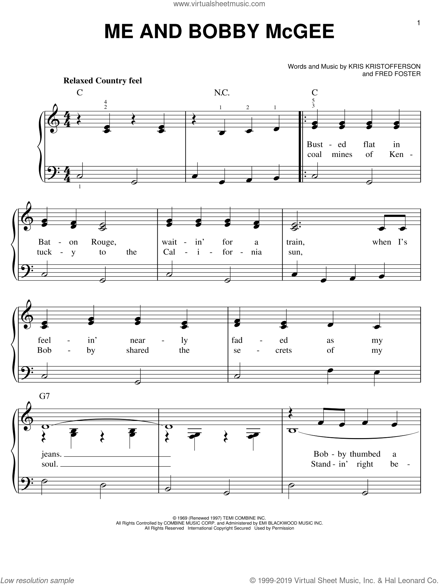 Joplin - Me And Bobby McGee sheet music for piano solo [PDF]
