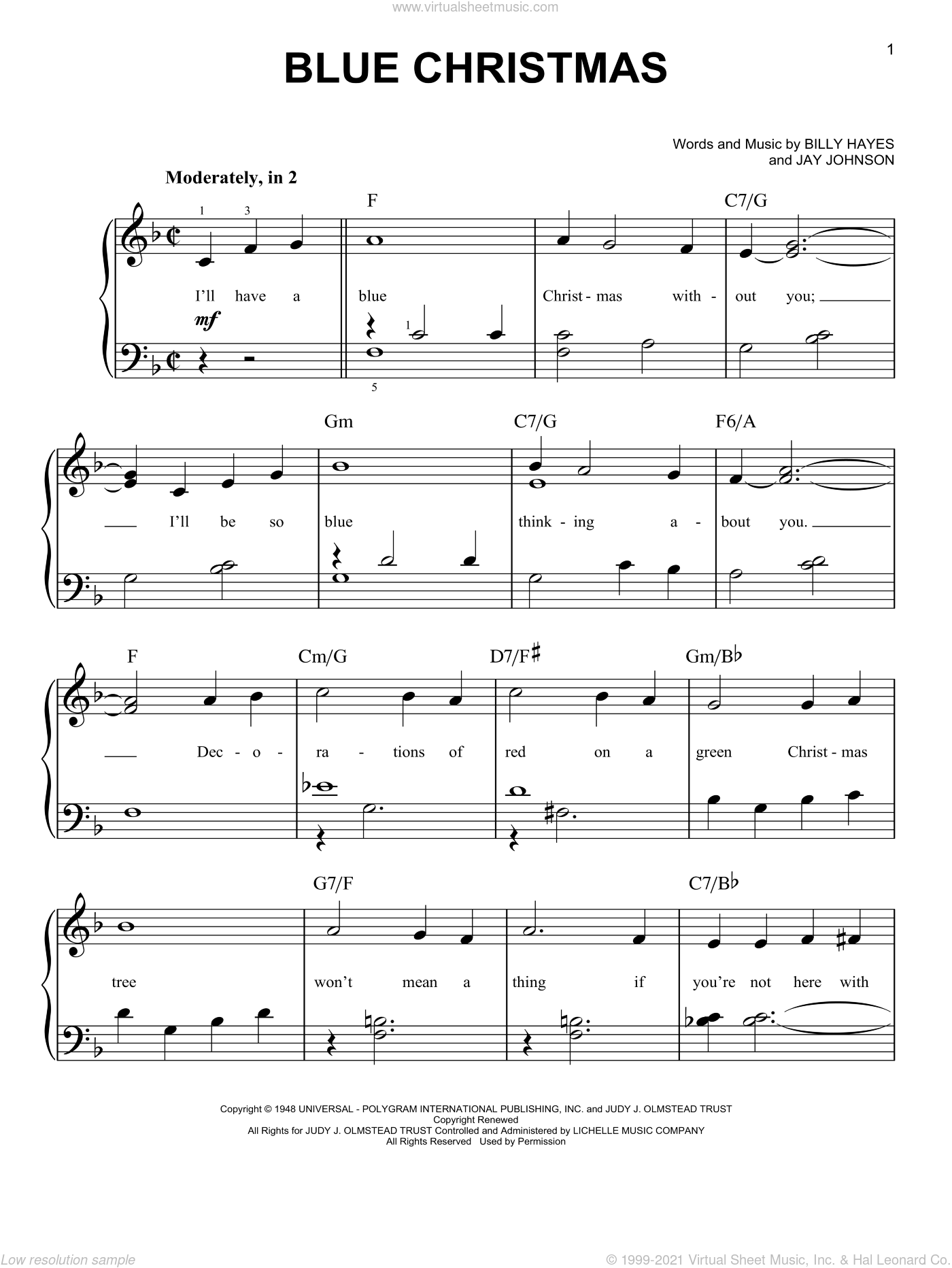 Presley - Blue Christmas, (easy) sheet music for piano solo PDF